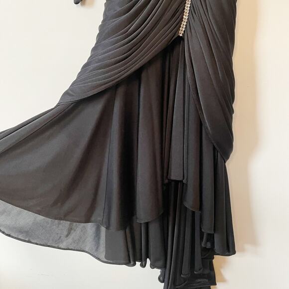 Amazing Vintage Black Ruched Column Draped Deep-V Cocktail Evening Dress - Picture 3 of 13